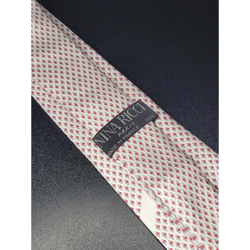Nina Ricci Paris Silk Necktie Off White Red Grey Diamond Pattern France
